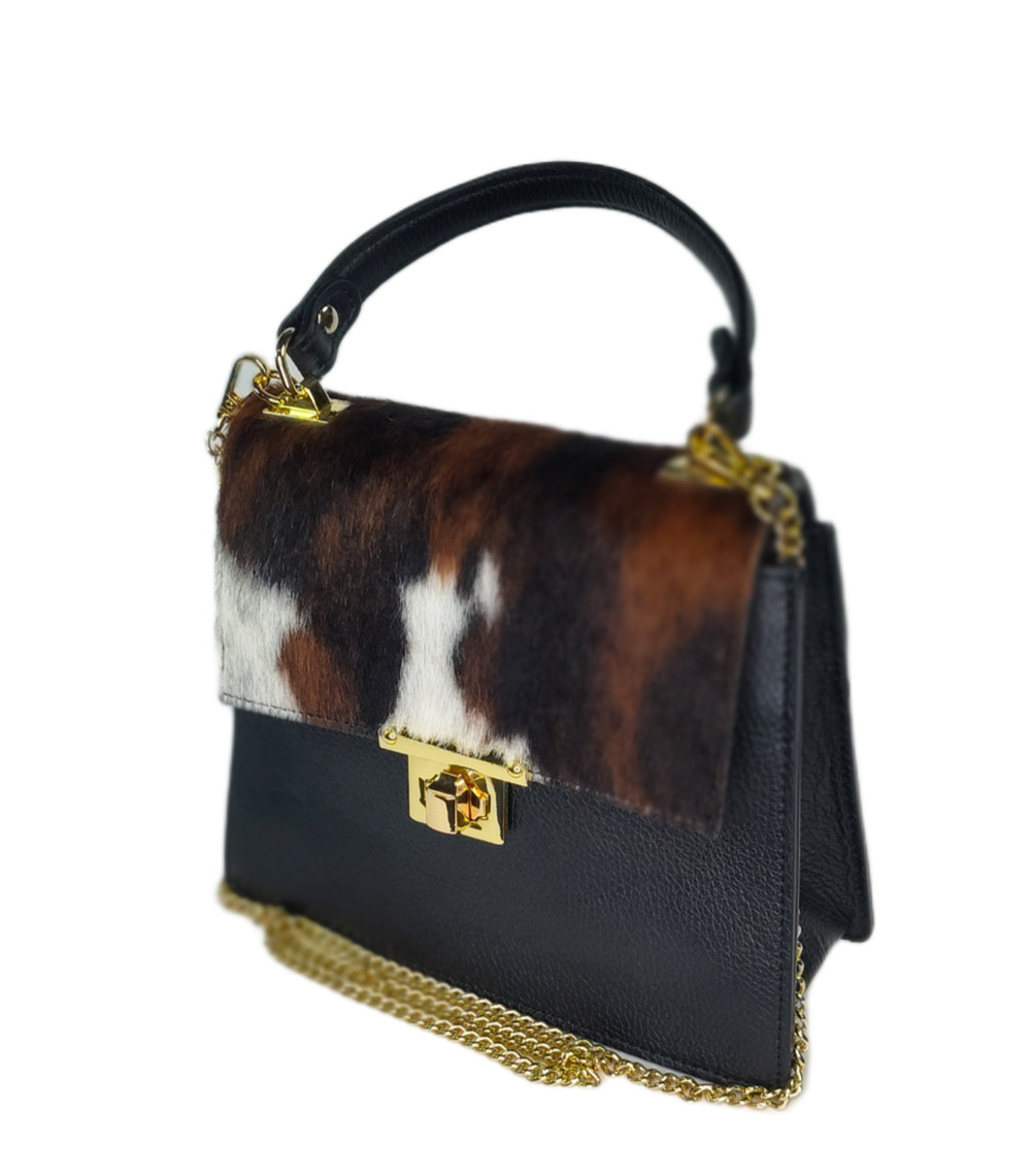 Charlie Leather Gianella Black Leather & Fur Small/Medium Handbag/Crossbody–NWT